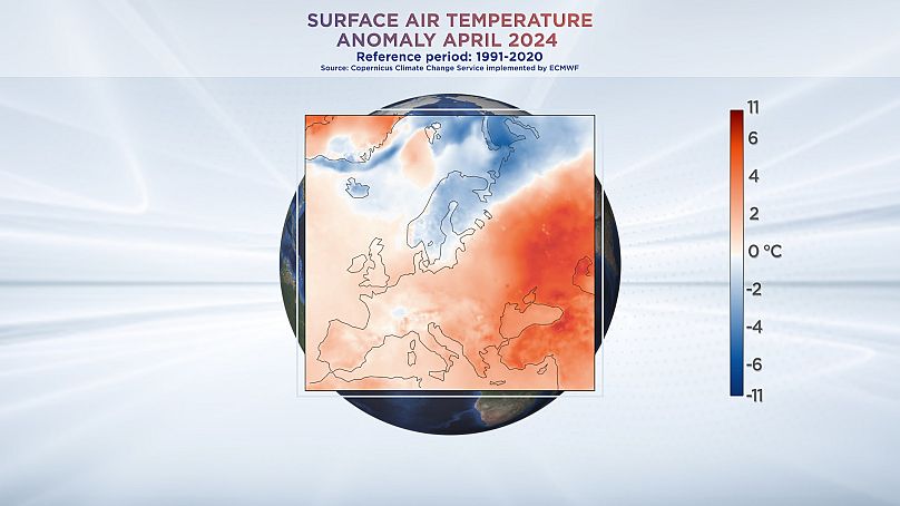 Аномалия температуры приземного воздуха в Европе в апреле 2024 г. Данные предоставлены службой Copernicus Climate Change Service при ECMWF