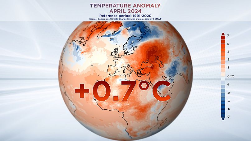 Температурная аномалия в апреле 2024 г. Данные предоставлены службой Copernicus Climate Change Service при ECMWF