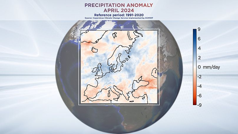 Аномалия осадков в Европе в апреле 2024 г. Данные предоставлены службой Copernicus Climate Change Service при ECMWF