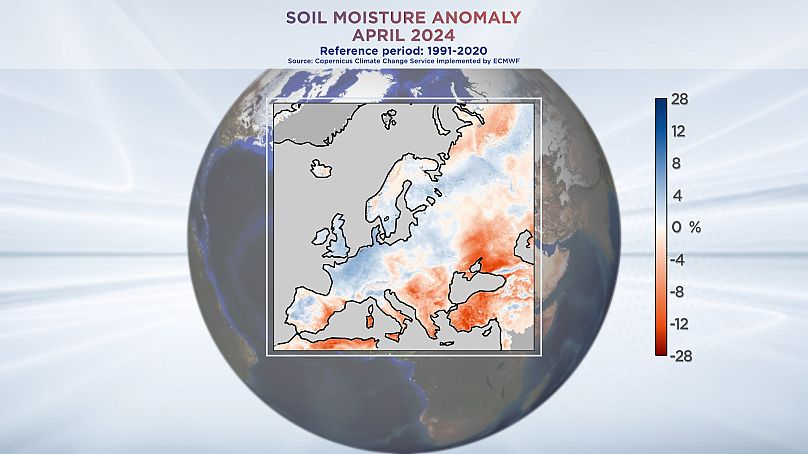 Аномалия влажности почвы в Европе в апреле 2024 г. Данные предоставлены службой Copernicus Climate Change Service при ECMWF